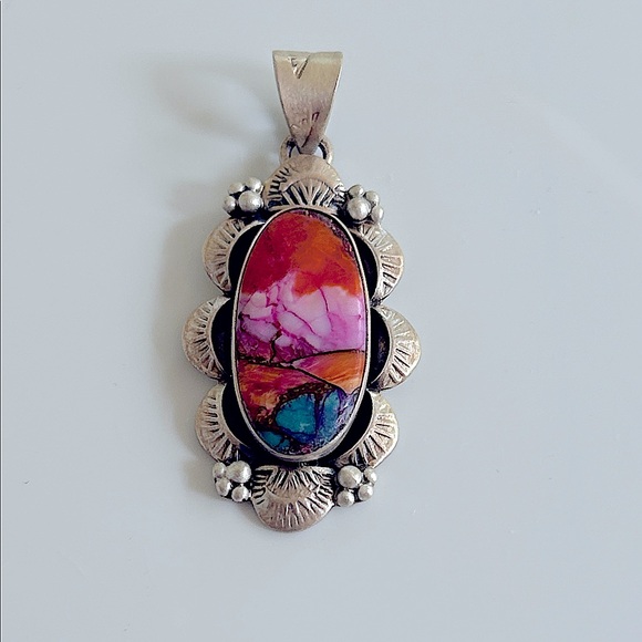 925 Sterling Silver Pink Dahlia Spiny Oyster Turquoise Southwest Style Pendant - Picture 1 of 5